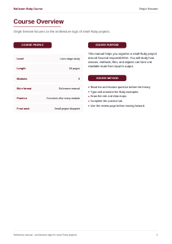 A document page titled 'Course Overview' with course details such as course number, level, length, prerequisites, and learning objectives in a clean two-column layout.
