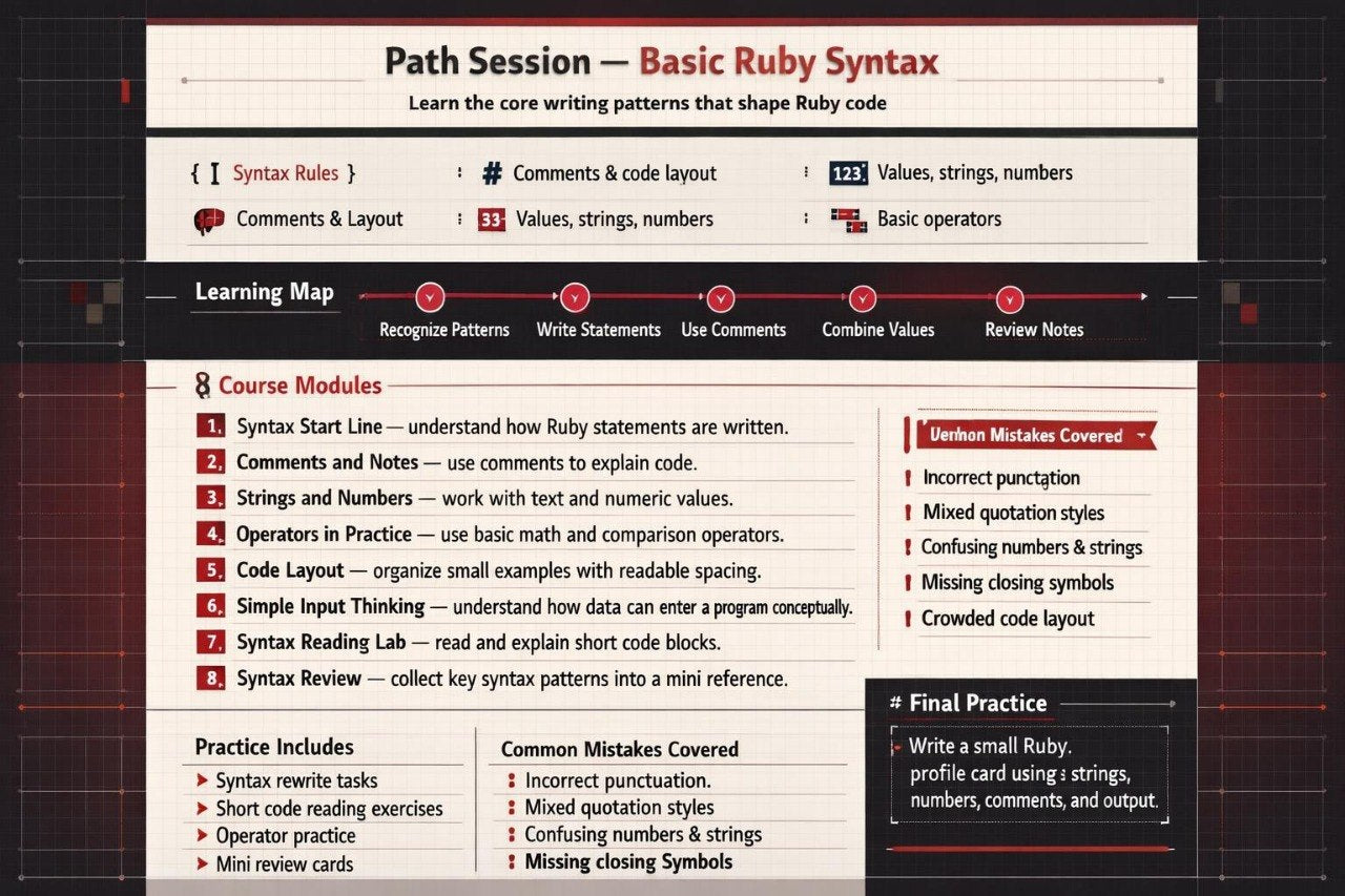 Screenshot of a Ruby syntax learning session with text and icons on a dark background