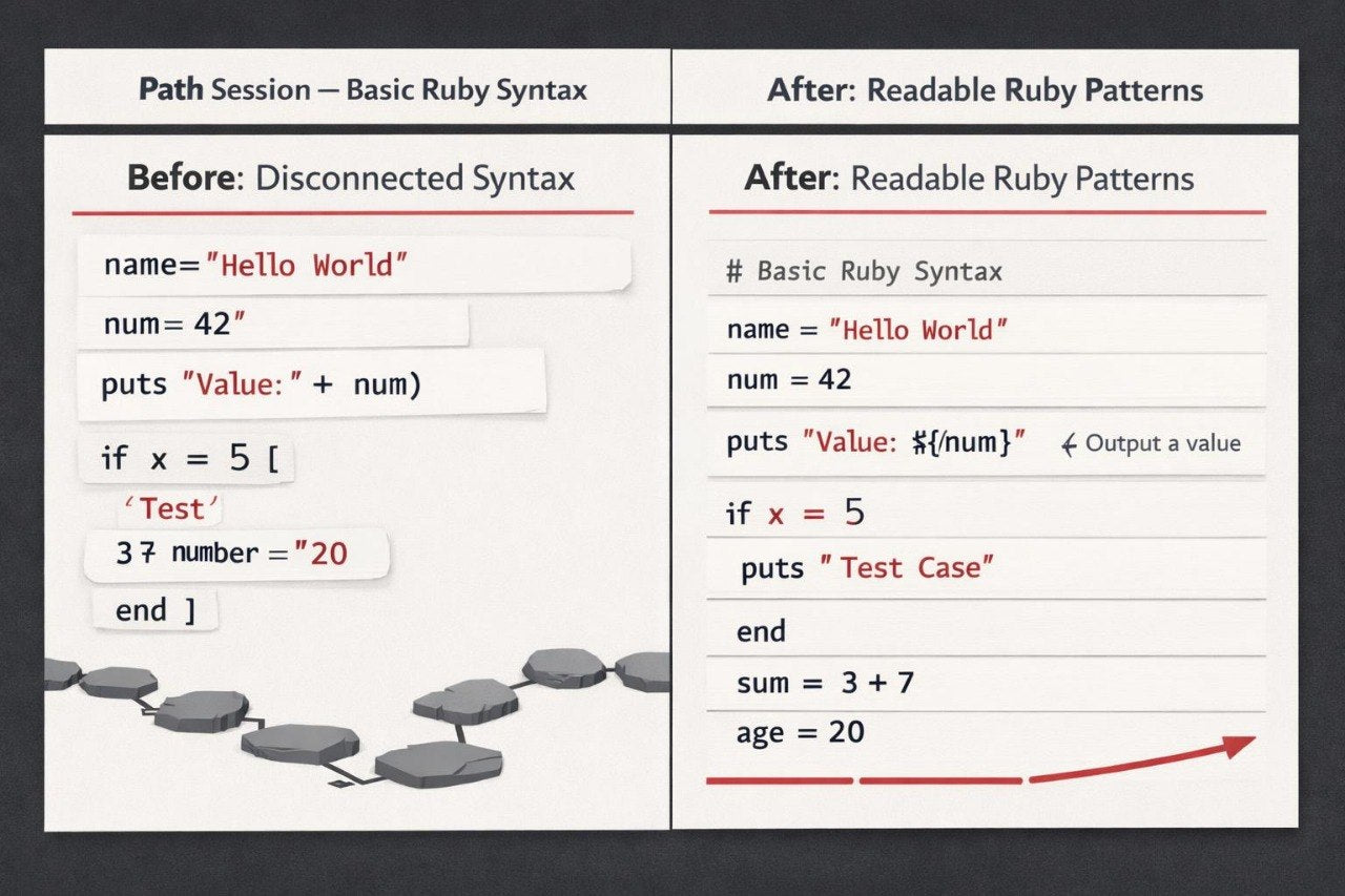 Comparison of Basic Ruby Syntax and Readable Ruby Patterns on a slide.
