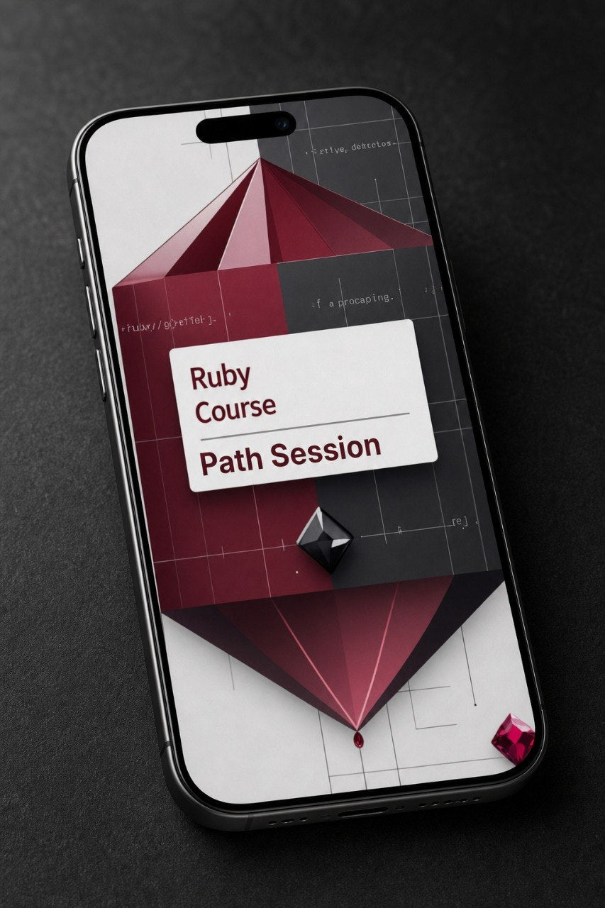 Phone displaying a Ruby Course Path Session on a dark background
