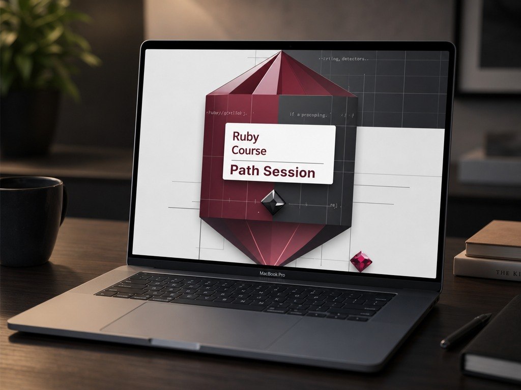 Laptop on a desk with a Ruby Course Path Session graphic on the screen