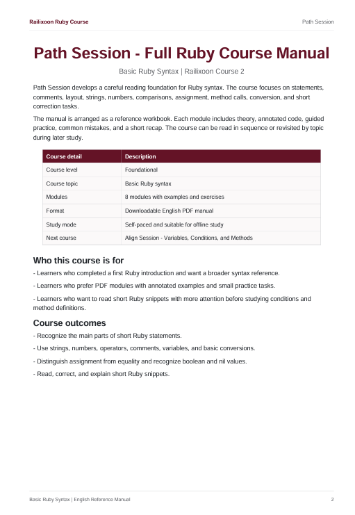 A page from a 'Path Session - Full Ruby Course Manual' document, featuring a table with course details such as course level, topic, modules, format, study mode, next course, and course outcomes.