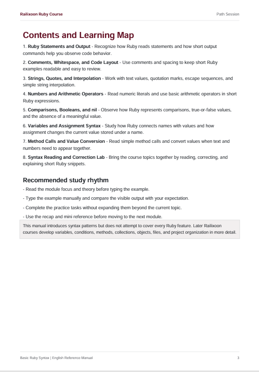 A scanned page from the Ruby SyNTAX Language Reference Manual, specifically page 2 of the Path Sessions Contents and Learning Map section, featuring black text on a white page with a light gray header.